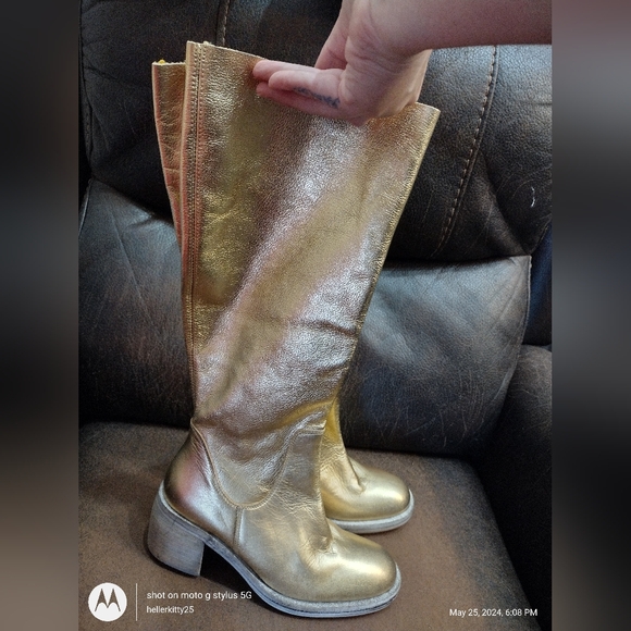 NWOB Free People Essential Gold Tall Slouch Boot Women's 37. US 6.5 Metallic - Picture 1 of 11